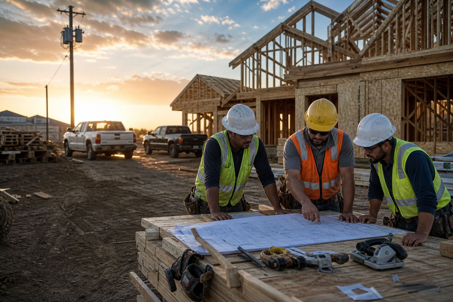 A construction crew in hard hats reviewing blueprints on an active job site.