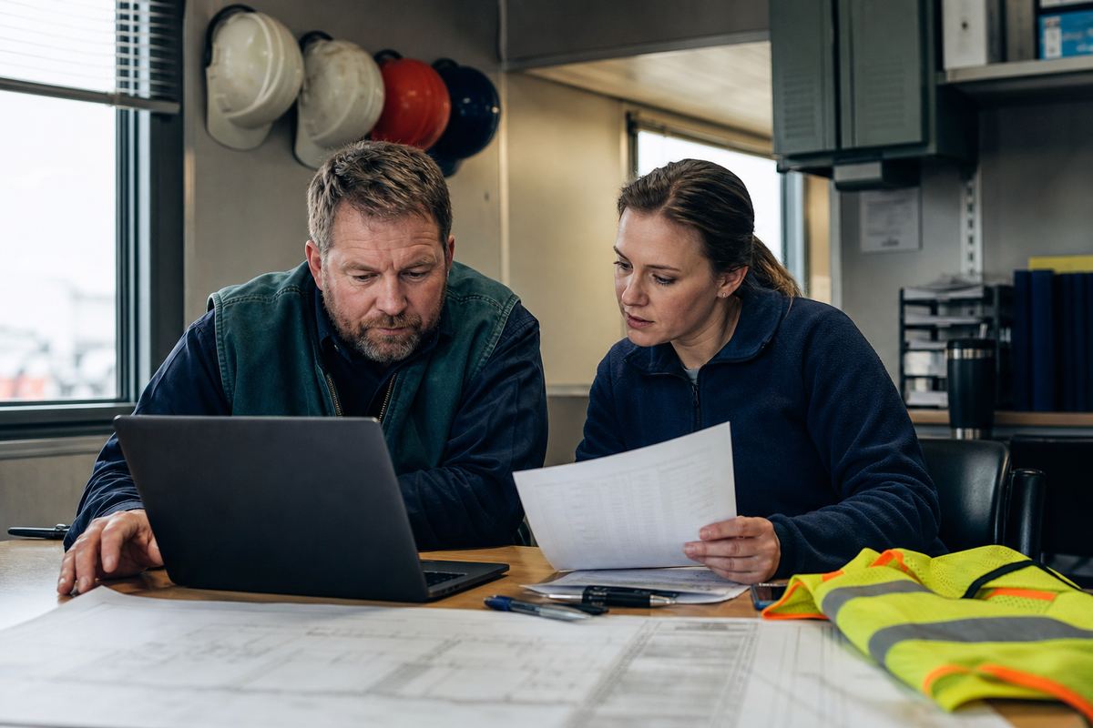 A superintendent and office manager reviewing job costs and a bid in a construction trailer office.